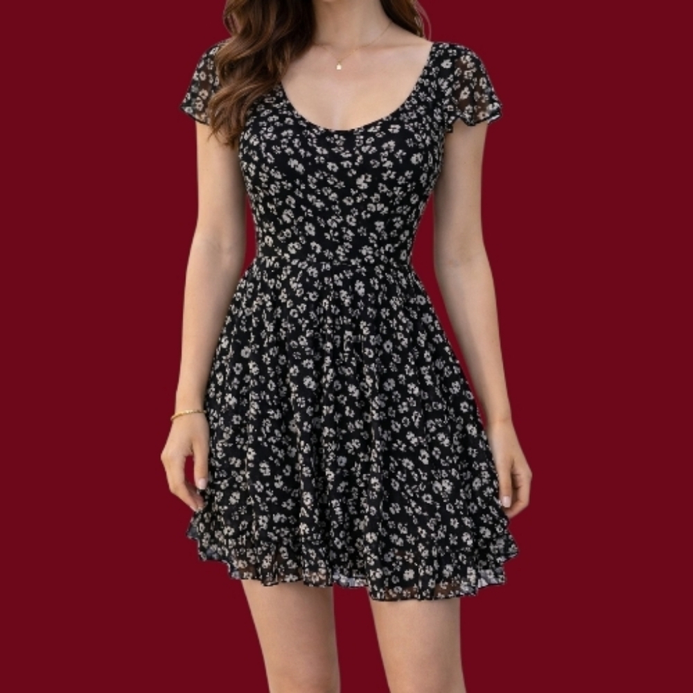 Vtg ROYAL BONES Black Chiffon Skull Goth Ruffle Dress